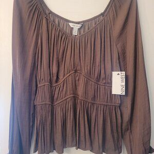 Shirred peasant top, brown, size M